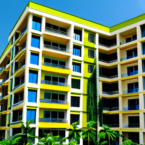 Home 7 **
"A modern apartment building in Libreville, Gabon, featuring balconies with lush green plants, fully clothed residents visible on balconies, safe for work, appropriate content, showcasing modern Gabonese architecture, professional photography, perfect anatomy, correct proportions, natural pose, daytime setting, blue sky, family-friendly."
**